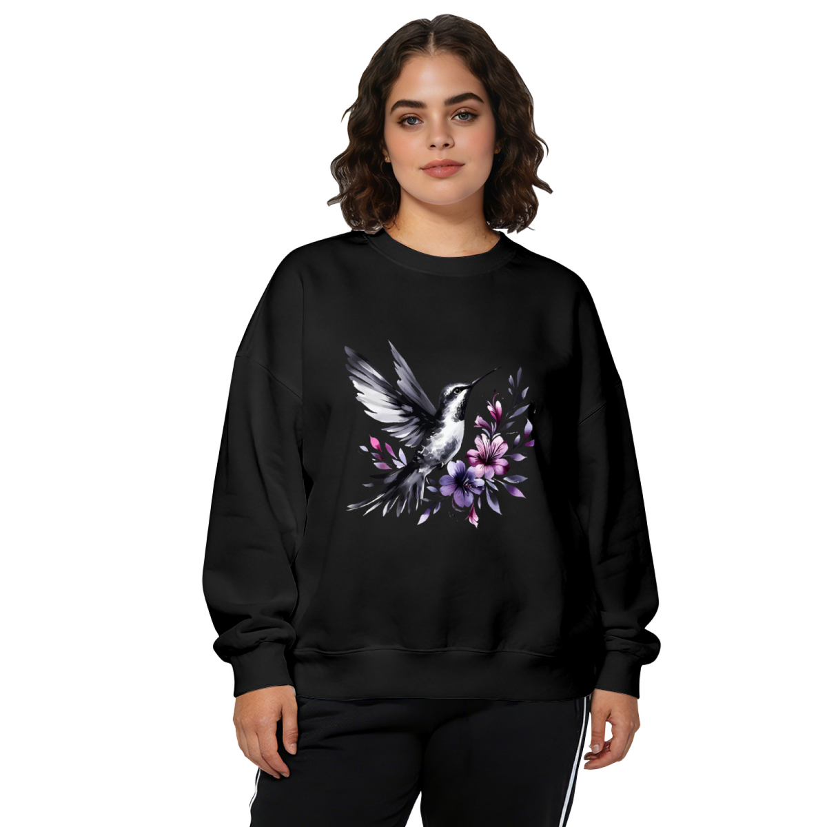 Watercolor Hummingbird With Purple Blossoms Crewneck Sweatshirt