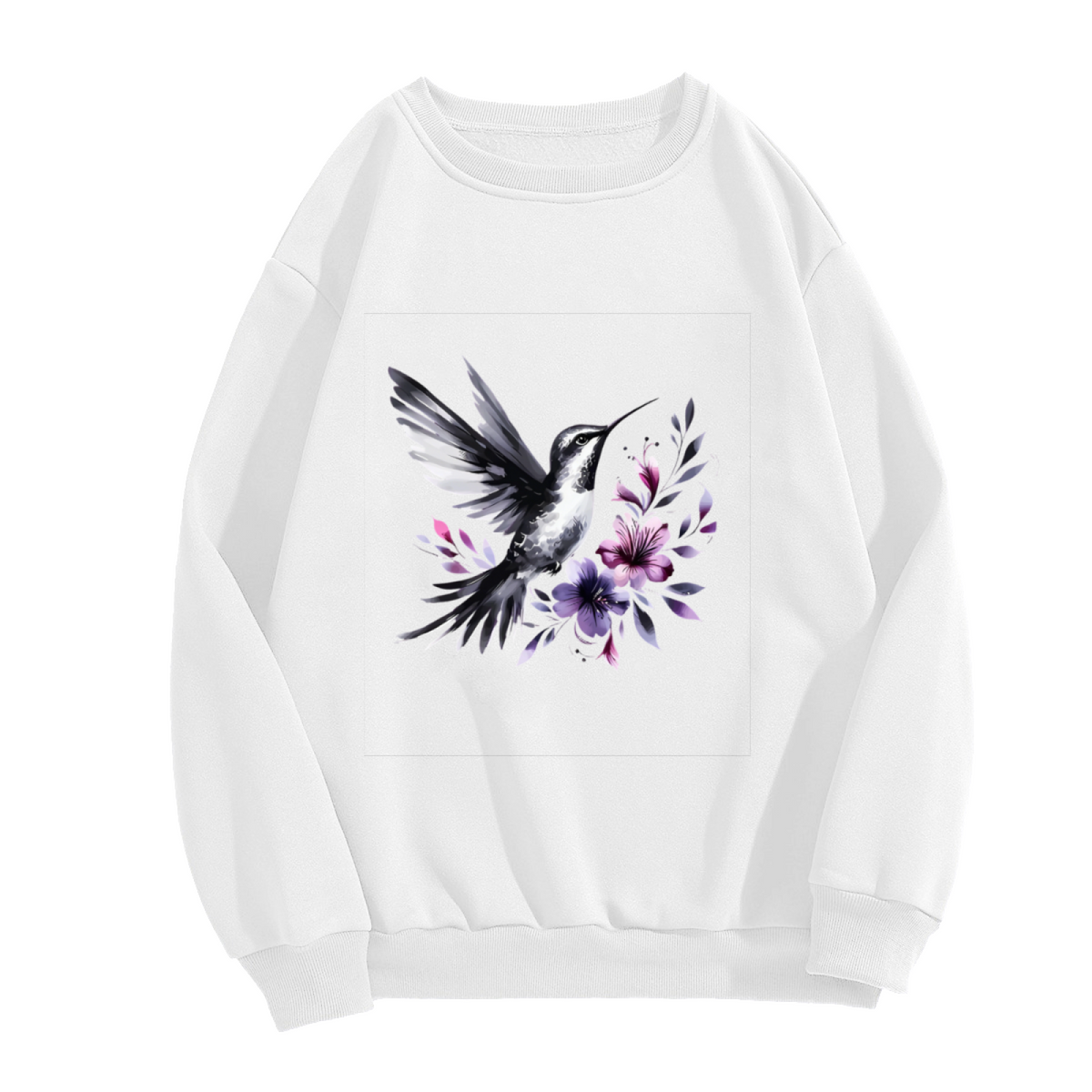 Watercolor Hummingbird With Purple Blossoms Crewneck Sweatshirt