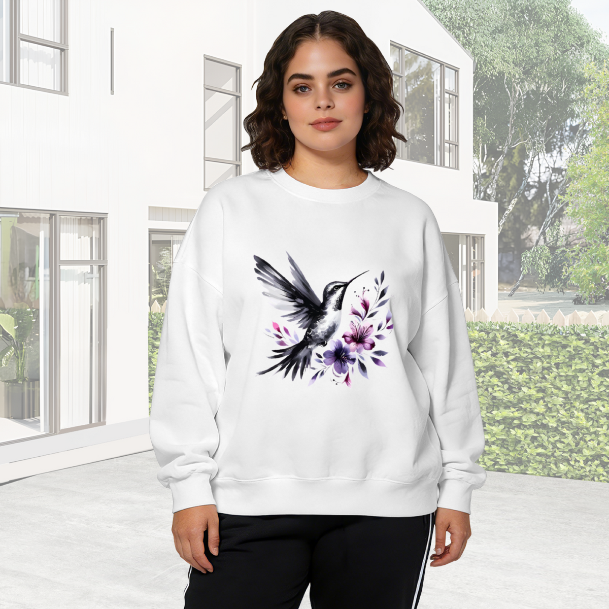 Watercolor Hummingbird With Purple Blossoms Crewneck Sweatshirt
