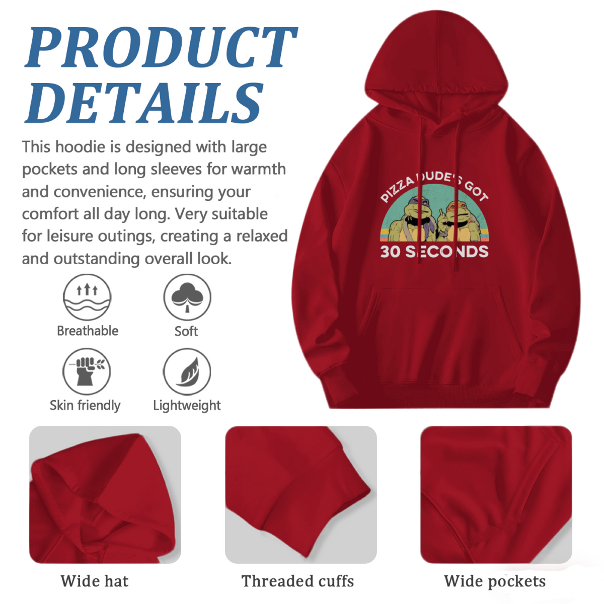 Pizza Dude¡¯s Got 30 Seconds Retro Turtle Cartoon Hoodie, Nostalgic Cozy Casual Hoodie