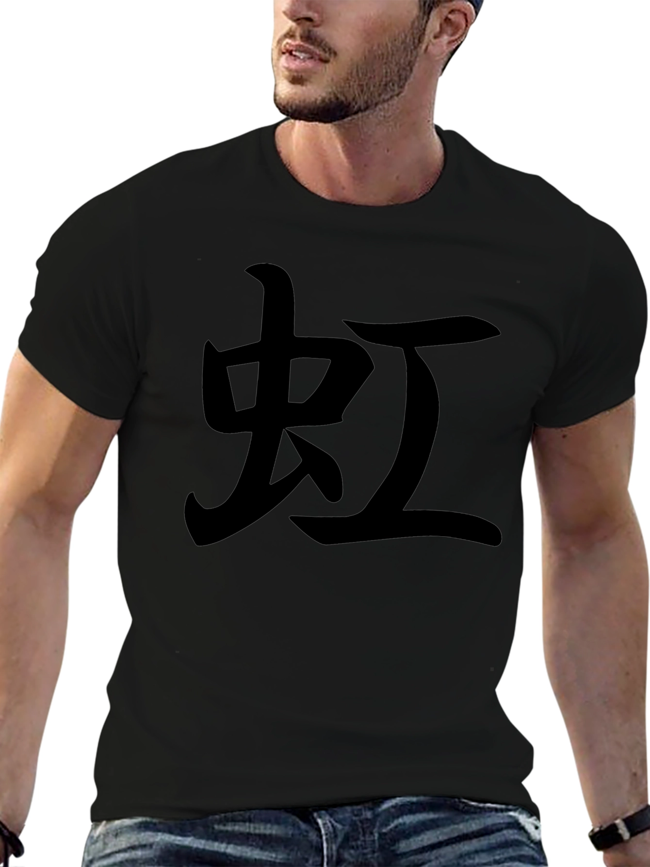 Mens Black T-Shirt with Japanese Character Print