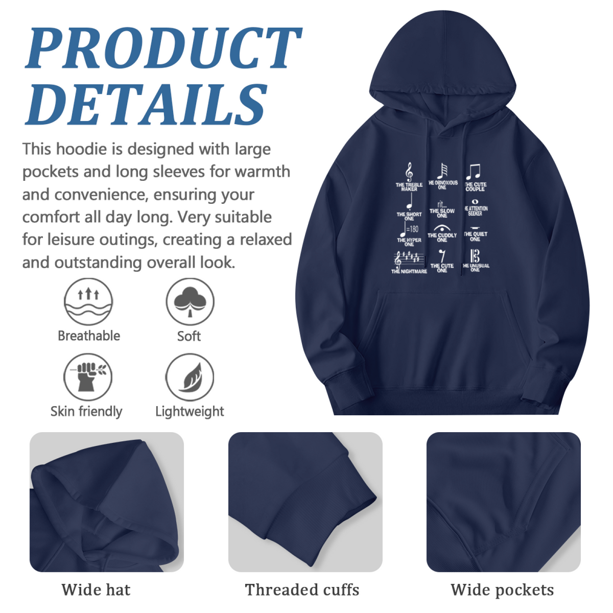 Funny Music Note Meaning Navy Hoodie, Music Lover Comfort Hooded Sweatshirt