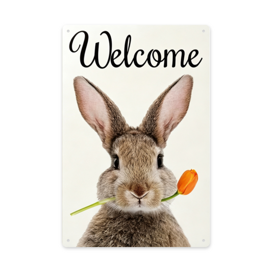 Cute Bunny Tulip Welcome Farmhouse Metal Wall Art