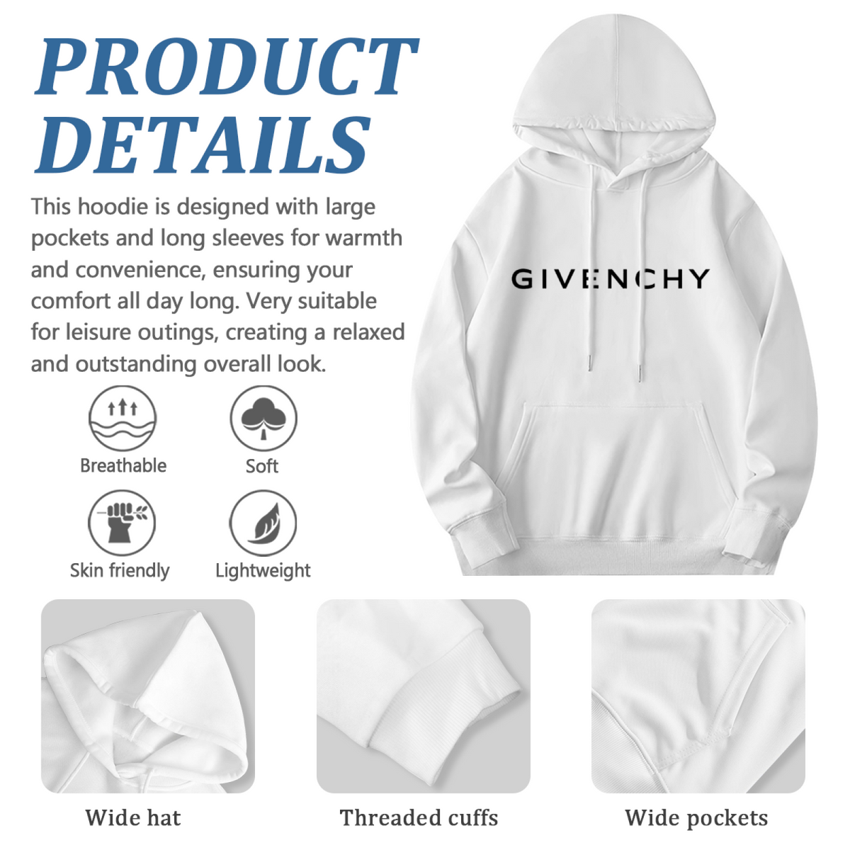 Minimal Givenchy Simple Logo Hoodie, Versatile Soft White Daily Hoodie