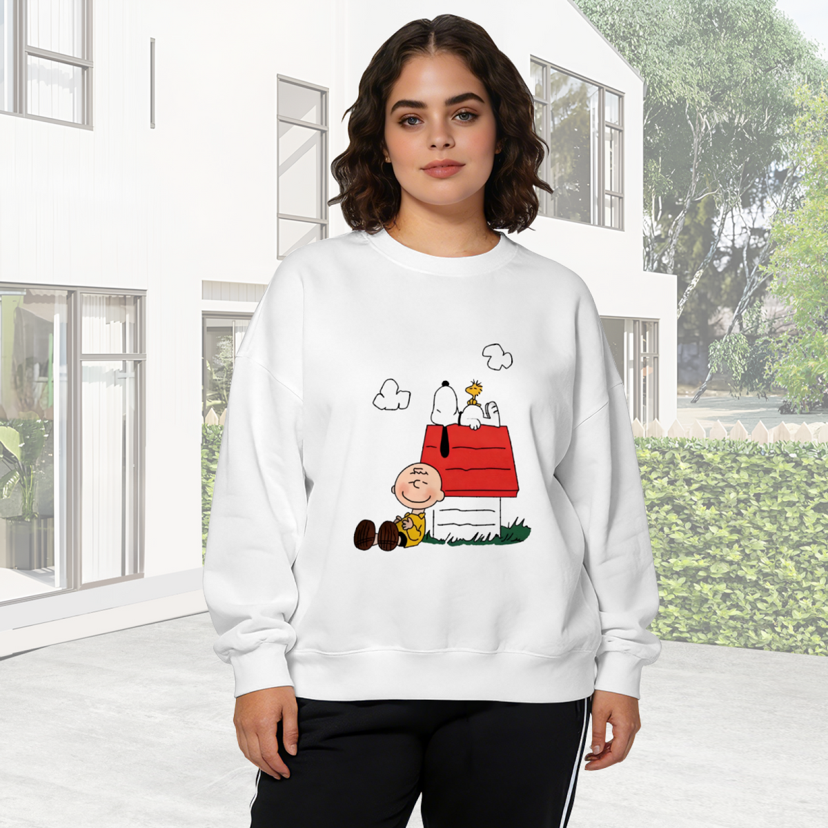 Cute Snoopy Charlie Brown Doghouse Cartoon Crewneck Sweatshirt