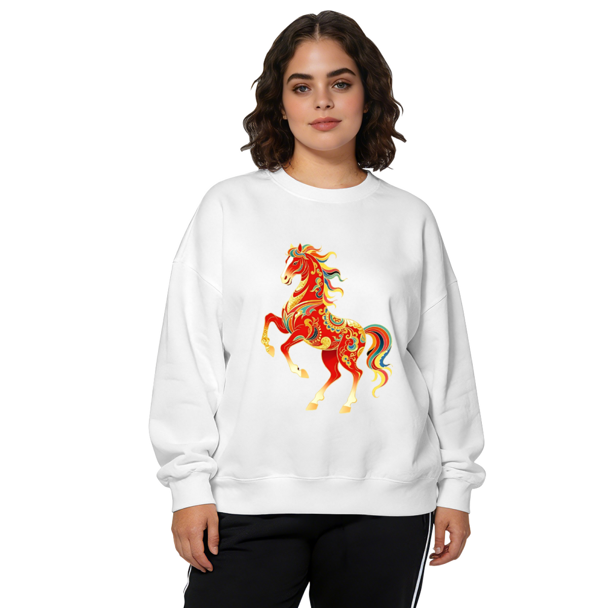 Ornate Festive Red Decorative Horse Art Crewneck Sweatshirt
