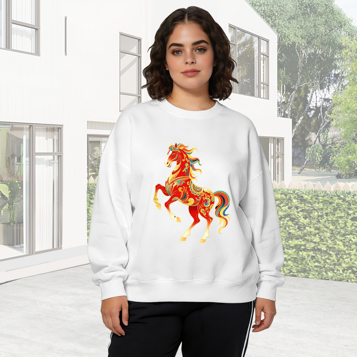 Ornate Festive Red Decorative Horse Art Crewneck Sweatshirt