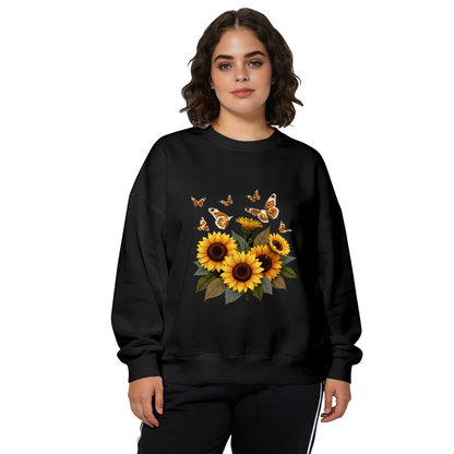 Cheerful Sunflower Bouquet & Flying Butterflies Crewneck Sweatshirt