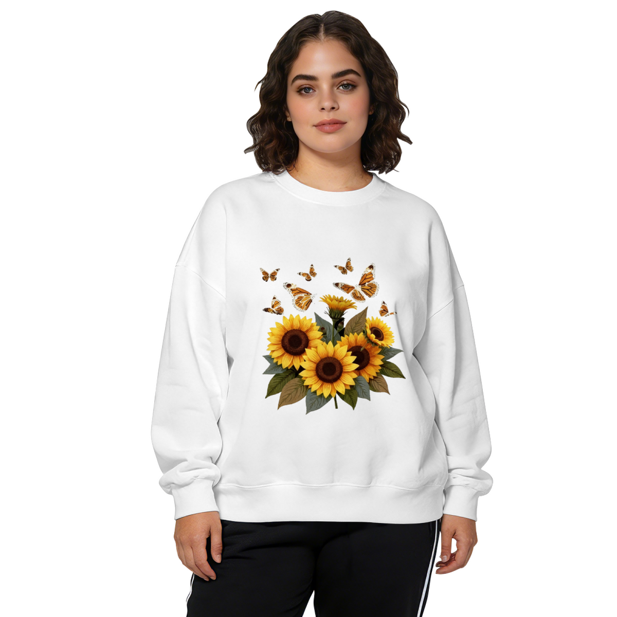 Cheerful Sunflower Bouquet & Flying Butterflies Crewneck Sweatshirt