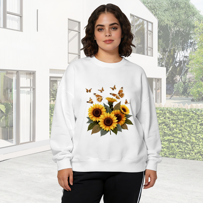 Cheerful Sunflower Bouquet & Flying Butterflies Crewneck Sweatshirt