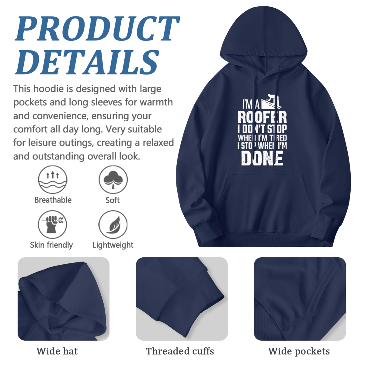 Roofer Worker Slogan Navy Hoodie, Men Durable Comfort Work Hoodie