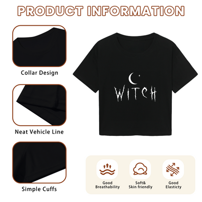 Witch Crescent Moon Dark Gothic Black Crop Tee ¨C Halloween Spooky Women Top