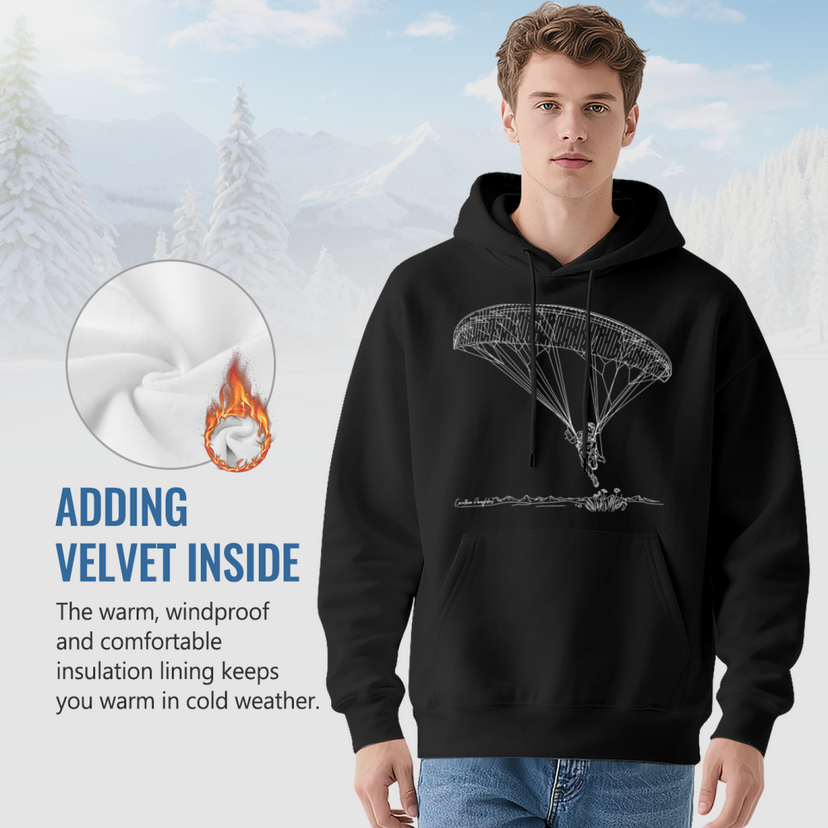 Paragliding Line Art Black Hoodie, Outdoor Sport Lover Ultra Comfort Sweatshirt