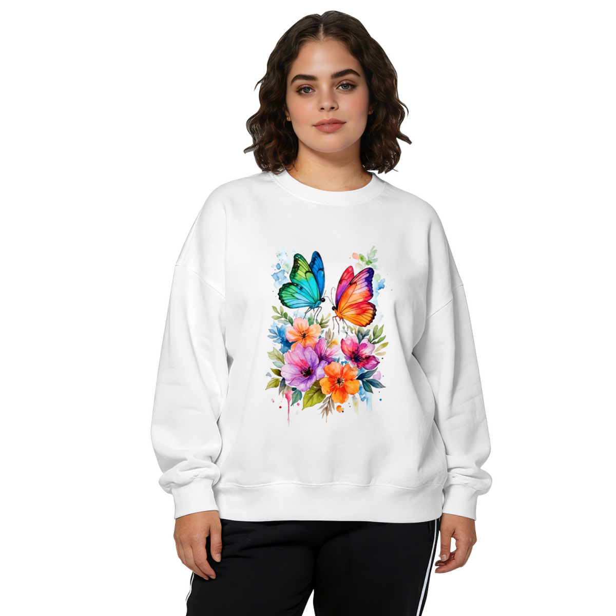 Watercolor Butterfly & Bright Blooms Crewneck Sweatshirt