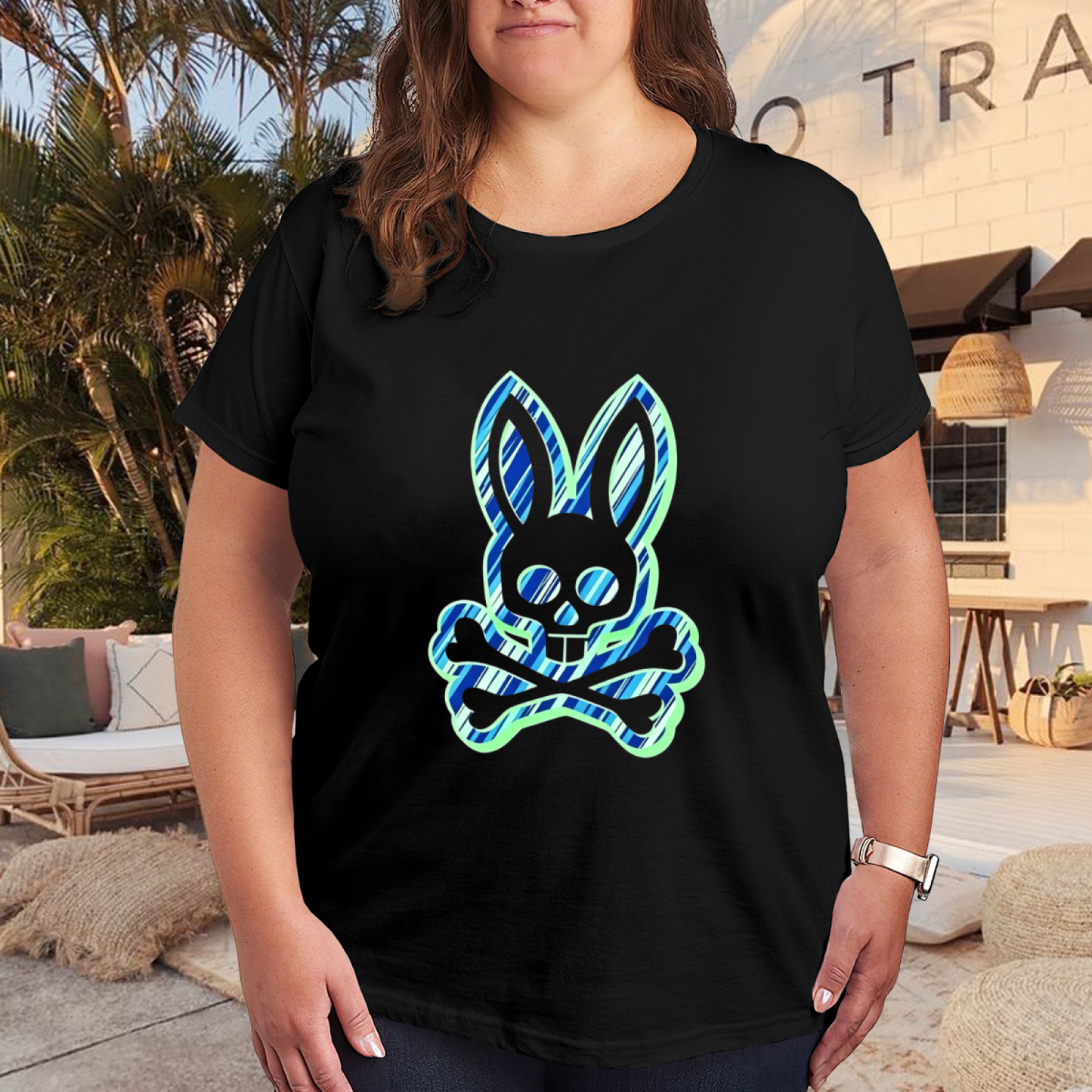 Neon Bunny Skull Crossbones Edgy Street Tee