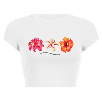Tropical Hibiscus Floral Summer White Crop Top