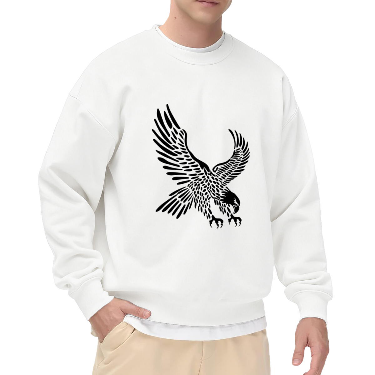 Majestic Flying Eagle Bold Black Print White Crewneck Street Sweatshirt
