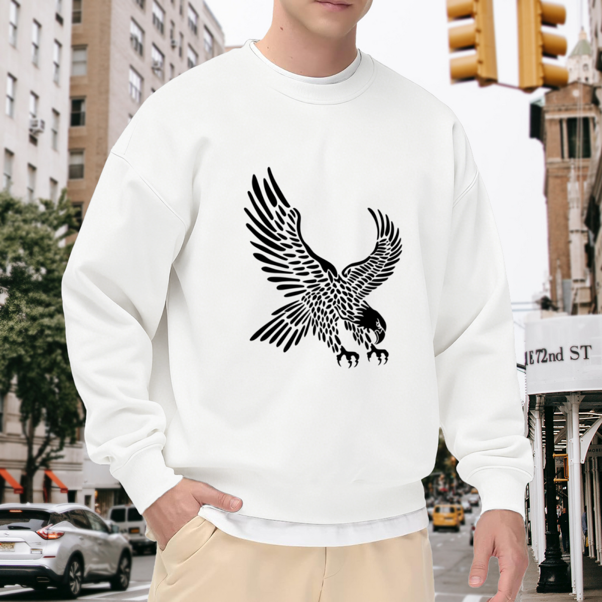 Majestic Flying Eagle Bold Black Print White Crewneck Street Sweatshirt