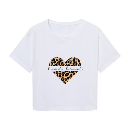 Y2K White Crop Top With Leopard Print Kind Heart Graphic