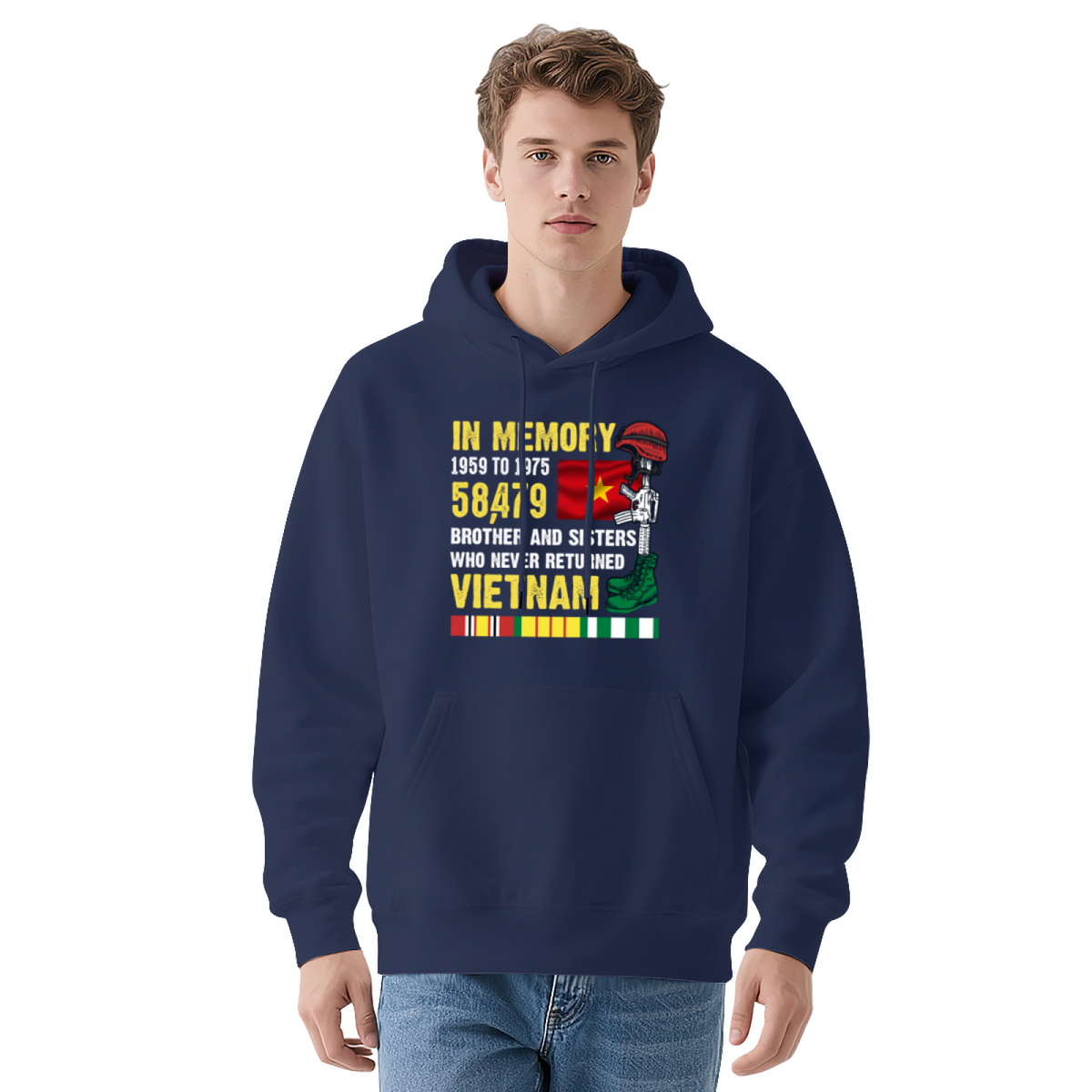 Vietnam War Veteran Memorial Graphic Navy Hoodie, Warm Respectful Daily Hoodie