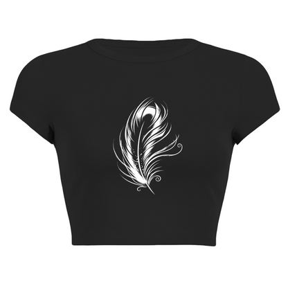 Minimalist White Feather Art Black Crop Top ¨C Soft Girl Elegant Slim Tee