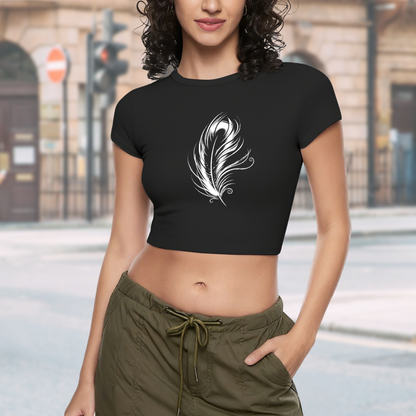Minimalist White Feather Art Black Crop Top ¨C Soft Girl Elegant Slim Tee