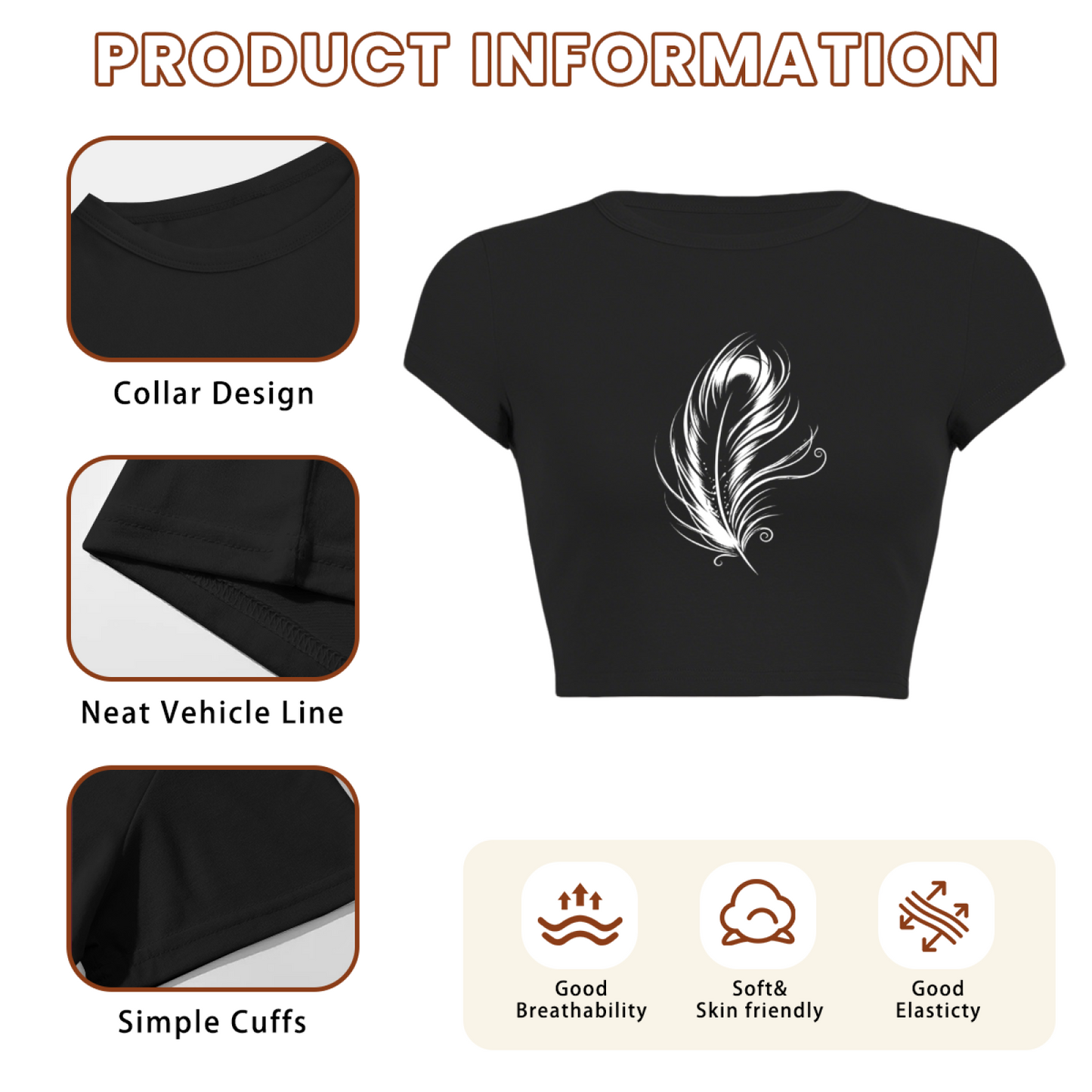 Minimalist White Feather Art Black Crop Top ¨C Soft Girl Elegant Slim Tee