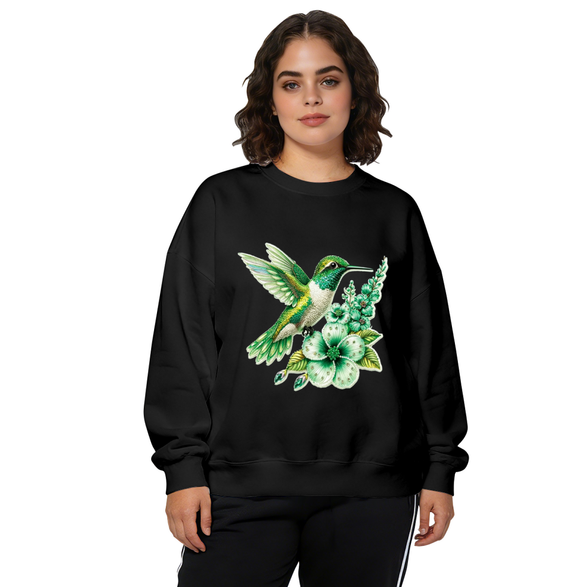 Fresh Green Hummingbird & Flower Art Crewneck Sweatshirt