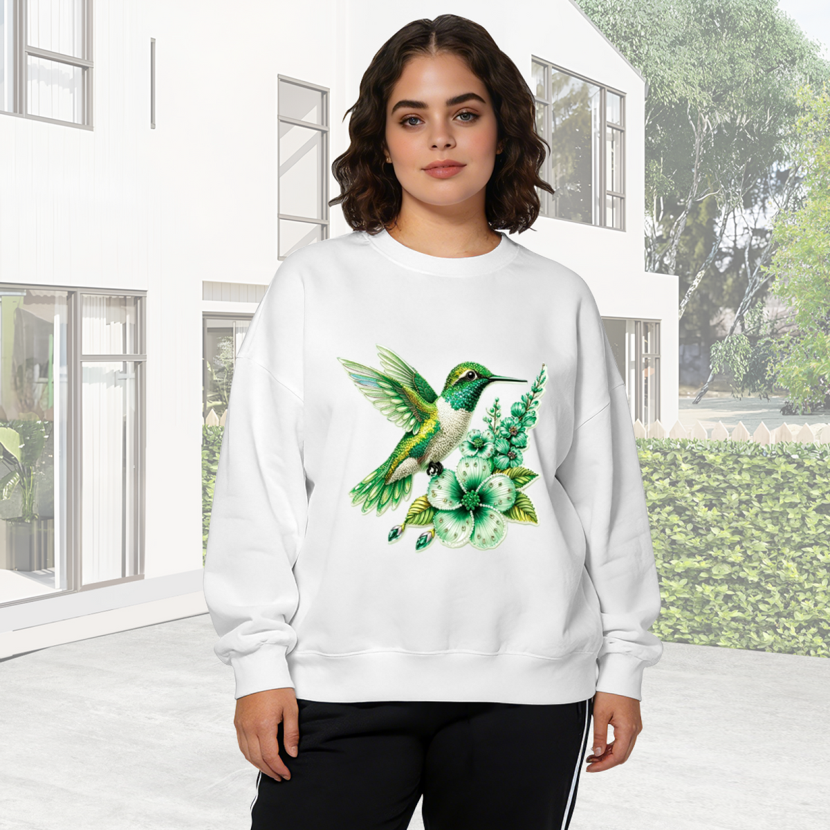 Fresh Green Hummingbird & Flower Art Crewneck Sweatshirt