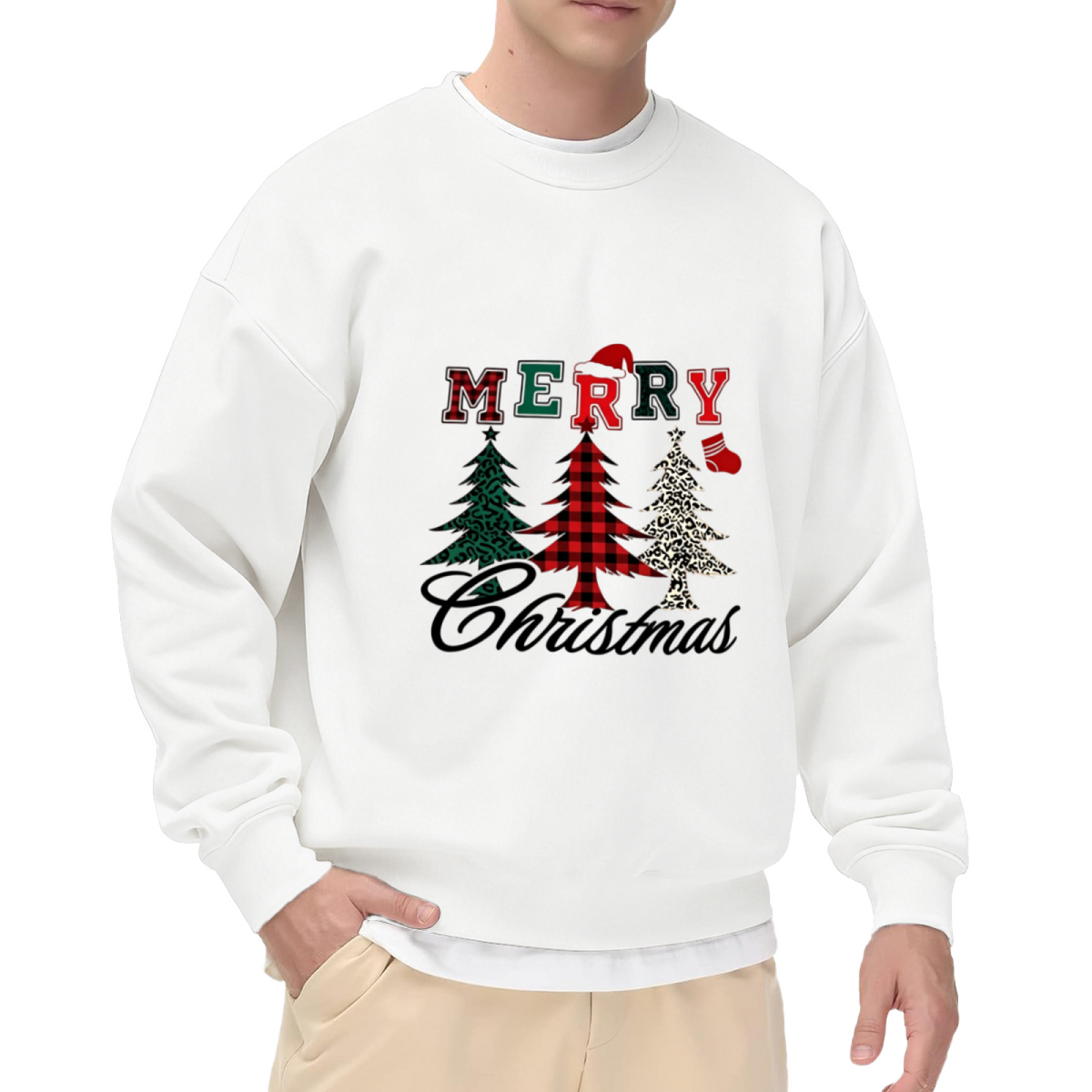 Plaid Leopard Christmas Tree Merry Xmas Crewneck Sweatshirt