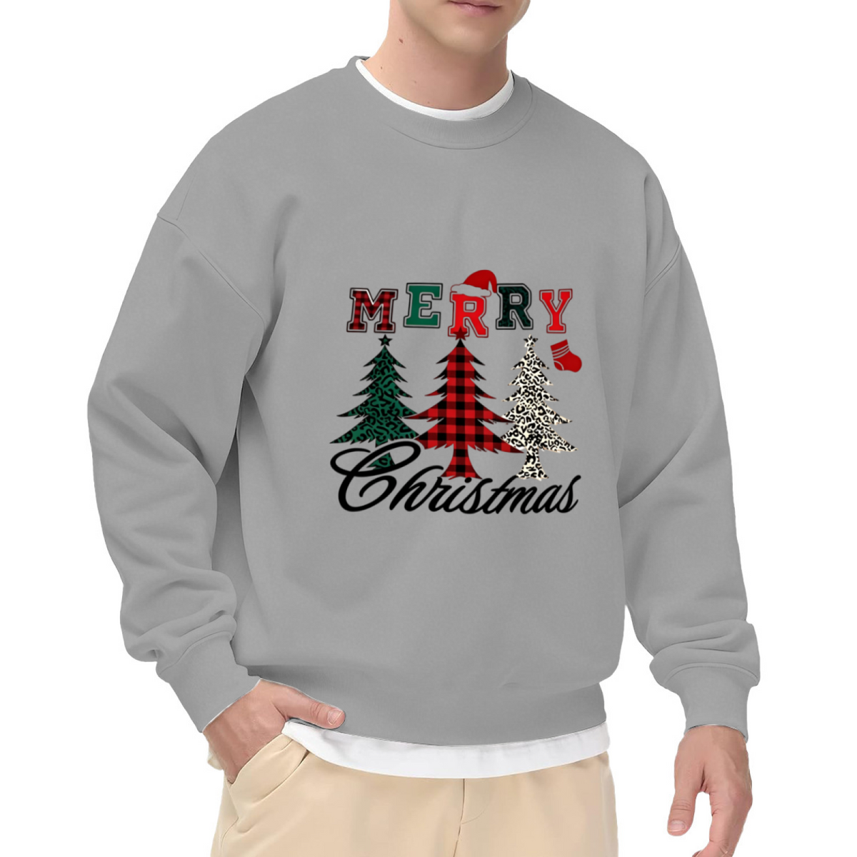 Plaid Leopard Christmas Tree Merry Xmas Crewneck Sweatshirt