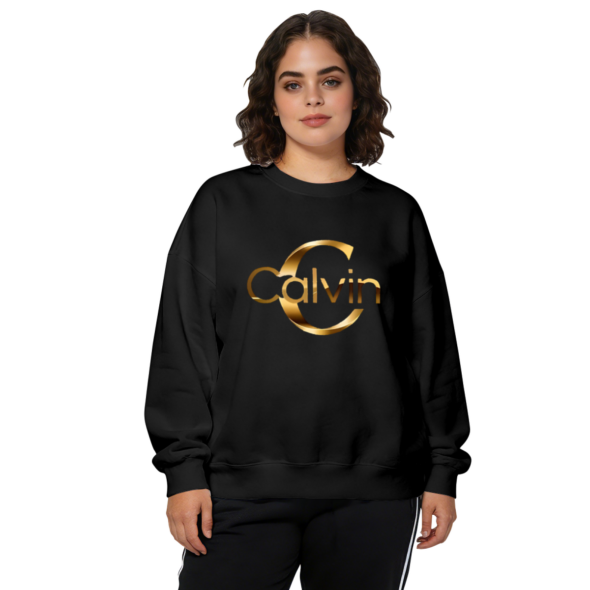 Luxury Gold Calvin Letter Logo Black Crewneck Sweatshirt