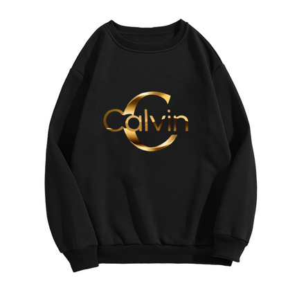 Luxury Gold Calvin Letter Logo Black Crewneck Sweatshirt