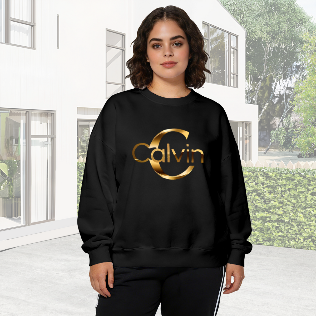 Luxury Gold Calvin Letter Logo Black Crewneck Sweatshirt