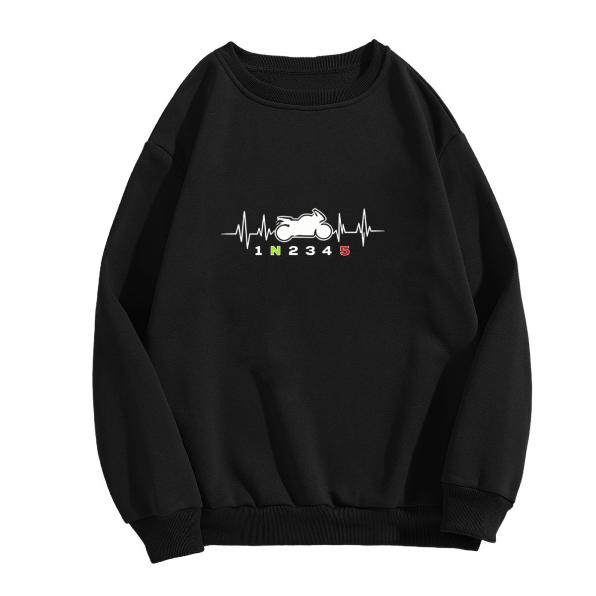 Motorcycle Heartbeat Gear Shift Graphic Black Crewneck Sweatshirt