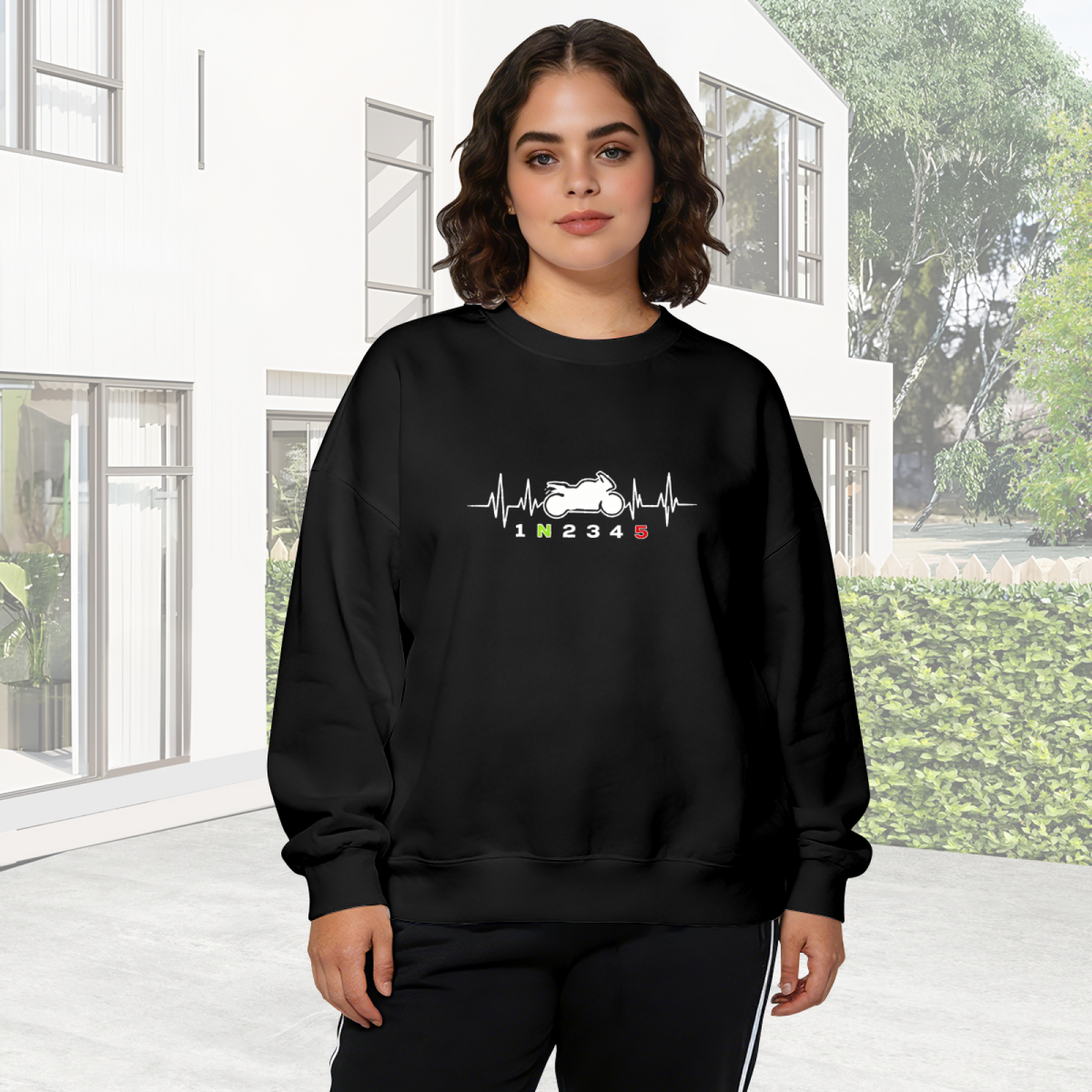 Motorcycle Heartbeat Gear Shift Graphic Black Crewneck Sweatshirt