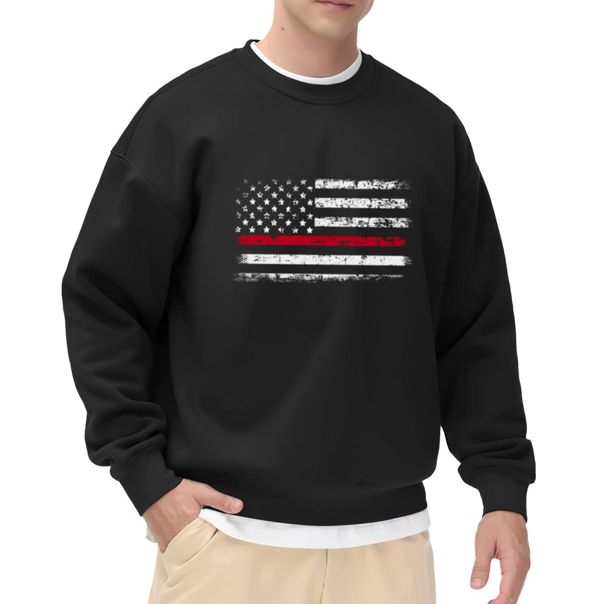 Distressed Thin Red Line American Flag Crewneck Sweatshirt