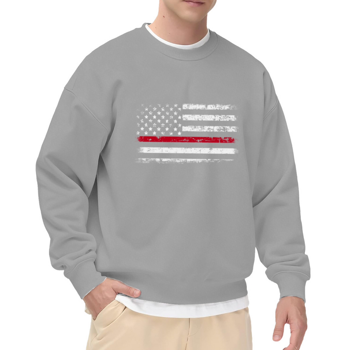 Distressed Thin Red Line American Flag Crewneck Sweatshirt