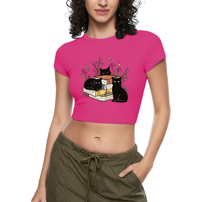 Bookish Black Cats Coquette Crop Top ¨C Librarian Cat Lover Fitted Baby Tee