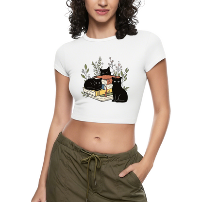 Bookish Black Cats Coquette Crop Top ¨C Librarian Cat Lover Fitted Baby Tee