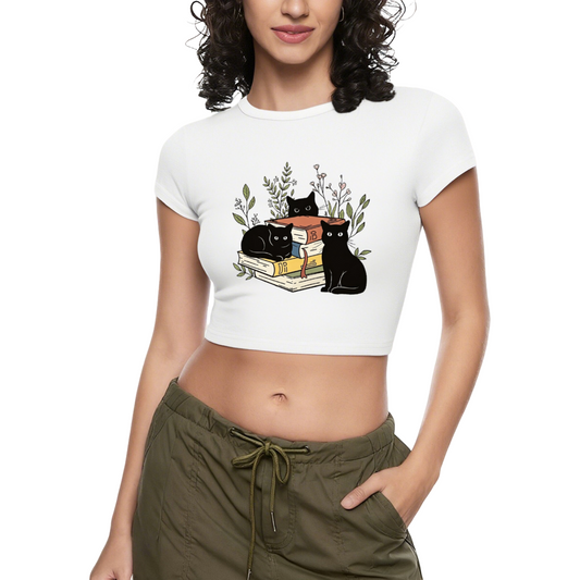 Bookish Black Cats Coquette Crop Top ¨C Librarian Cat Lover Fitted Baby Tee