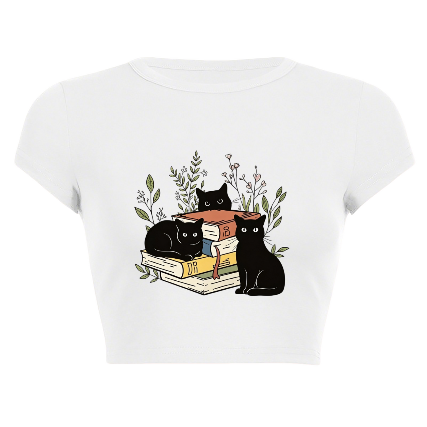 Bookish Black Cats Coquette Crop Top ¨C Librarian Cat Lover Fitted Baby Tee