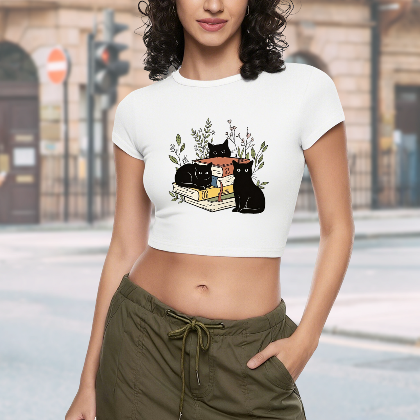 Bookish Black Cats Coquette Crop Top ¨C Librarian Cat Lover Fitted Baby Tee