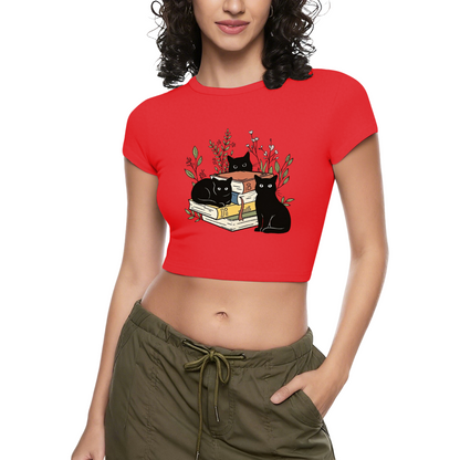 Bookish Black Cats Coquette Crop Top ¨C Librarian Cat Lover Fitted Baby Tee