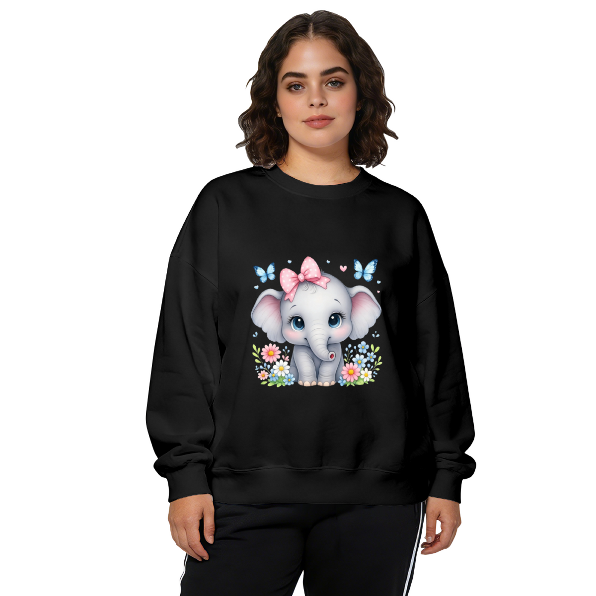 Adorable Baby Elephant With Bow & Butterflies Graphic Crewneck Sweatshirt