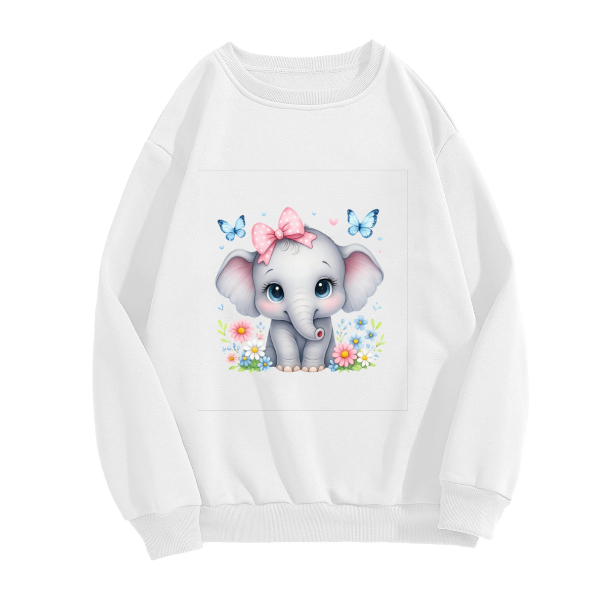 Adorable Baby Elephant With Bow & Butterflies Graphic Crewneck Sweatshirt
