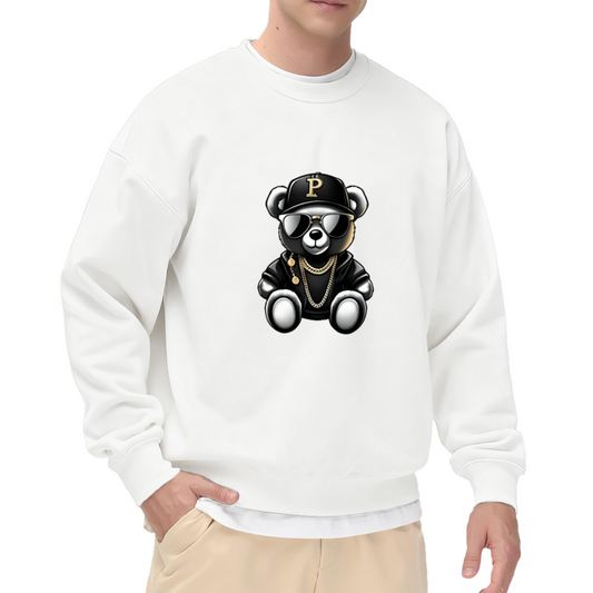Hip?Hop Cool Gold Chain Bear Graphic White Crewneck Sweatshirt