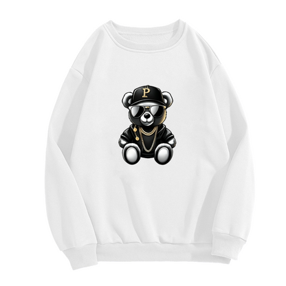 Hip?Hop Cool Gold Chain Bear Graphic White Crewneck Sweatshirt