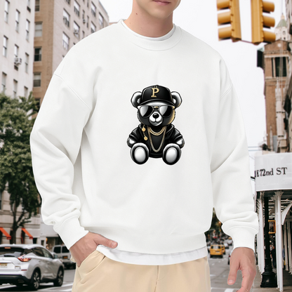 Hip?Hop Cool Gold Chain Bear Graphic White Crewneck Sweatshirt