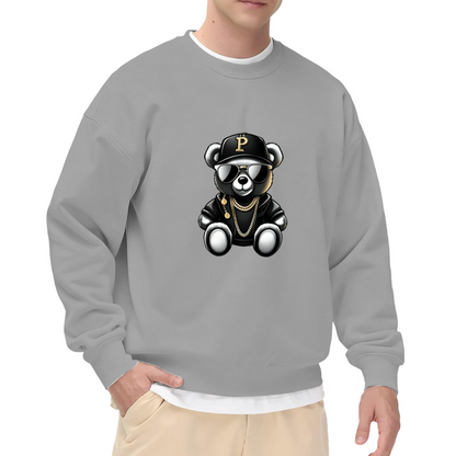 Hip?Hop Cool Gold Chain Bear Graphic White Crewneck Sweatshirt